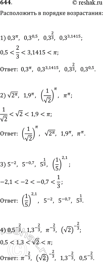 Изображение 644. Расположить числа в порядке возрастания:1) 0,3^pi; 0,3^0,5; 0,3^2/3; 0,3^3,14152) v(2^pi); 1,9^pi; (1/v2)^pi, pi^pi3) 5^-2; 5^-0,7;5^1/3;(1/5)^2,14)...