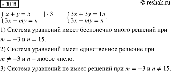 Изображение 30.17. Подберите такие значения m и n, при которых система уравнений {(x+y=5; 3x-my=n):   1) имеет бесконечно много решений;2) имеет единственное решение;3) не...