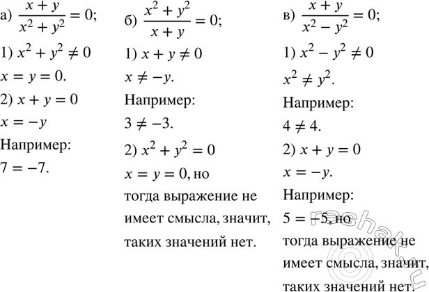 Изображение 15. Подберите, если возможно, такие значения переменных, при которых дробь: 1) не имеет смысла; 2) равна 0:а)  (x+y)/(x^2+y^2 );б)  (x^2+y^2)/(x+y);в) ...
