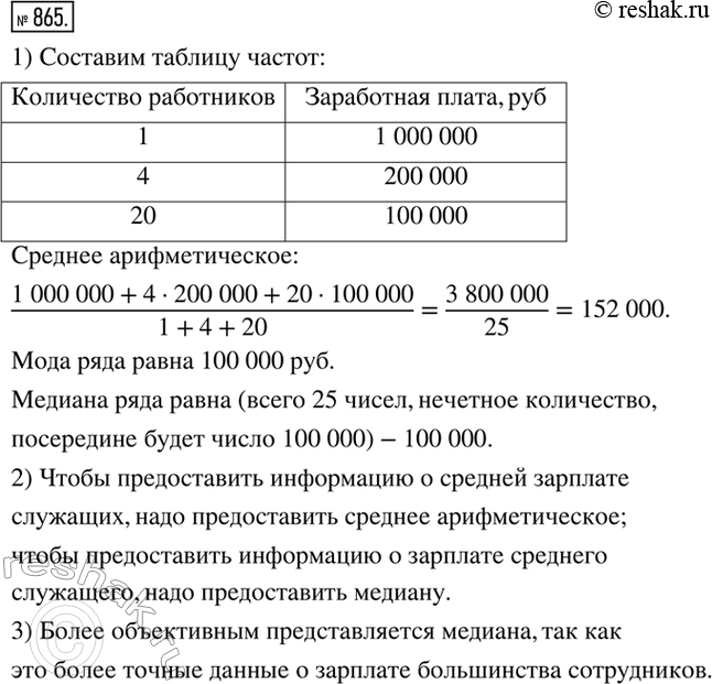 Изображение 865. 1) Президент компании получает 1 000 000 р. в год, четверо его заместителей получают по 200 000 р. в год, а 20 служащих компании получают по 100 000 р. в год....