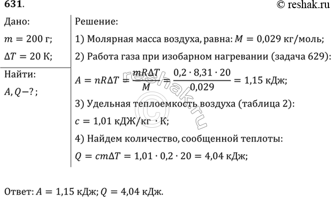 Изображение Какую работу совершил воздух массой 200 г при его изобарном нагревании на 20 К? Какое количество теплоты ему при этом...