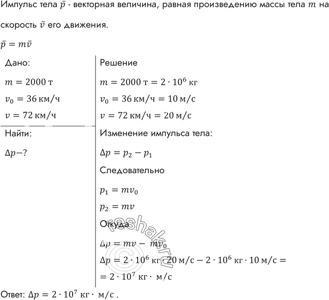 Изображение Поезд массой 2000 т, двигаясь прямолинейно, увеличил скорость от 36 до 72 км/ч. Найти изменение импульса...